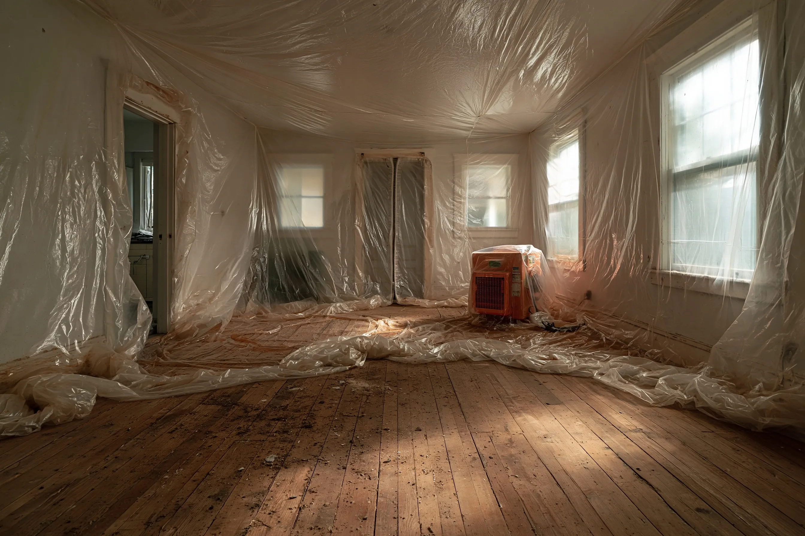 Empty room sealed for asbestos abatement with walls, floor and windows covered in clear plastic sheeting