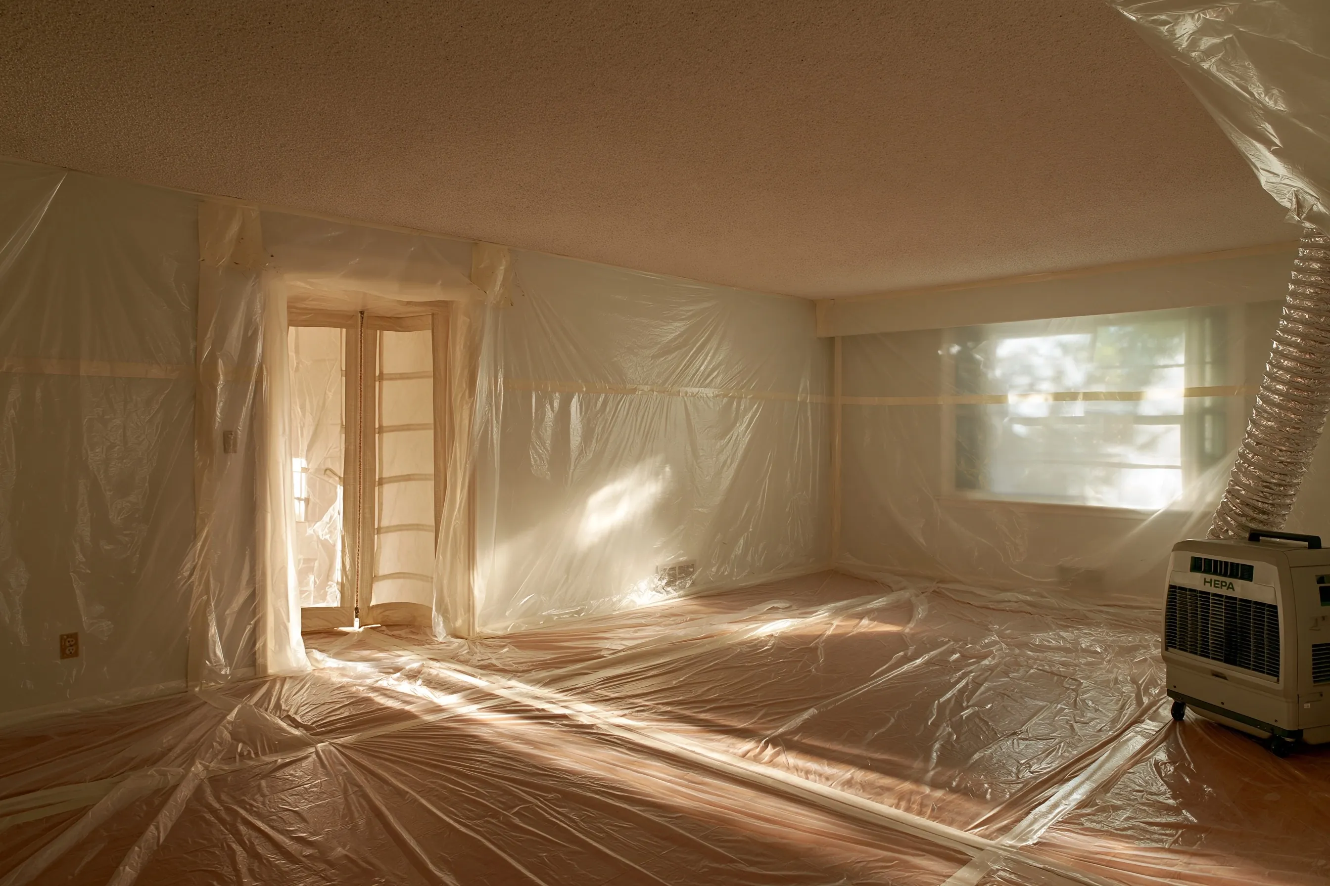 Textured popcorn ceiling in an empty room sealed off with plastic sheeting for abatement